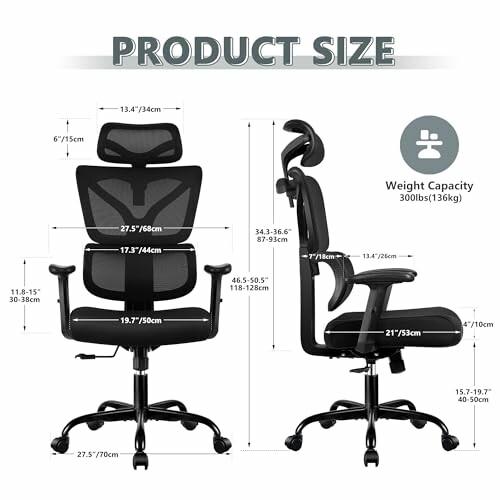 Ergonomic office chair with adjustable headrest and armrests, showing dimensions and weight capacity of 300 lbs (136 kg).