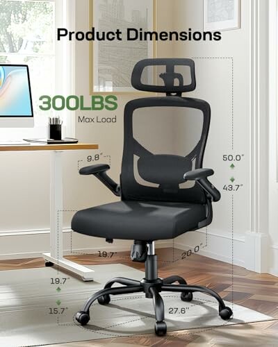Ergonomic office chair with dimensions and max load of 300 lbs.