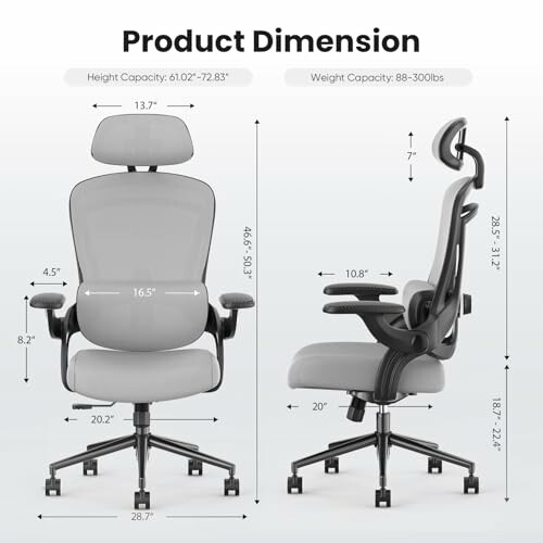 Ergonomic office chair with adjustable dimensions and weight capacity.