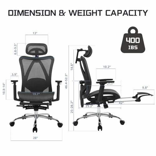 Ergonomic office chair with dimensions and 400 lbs weight capacity.