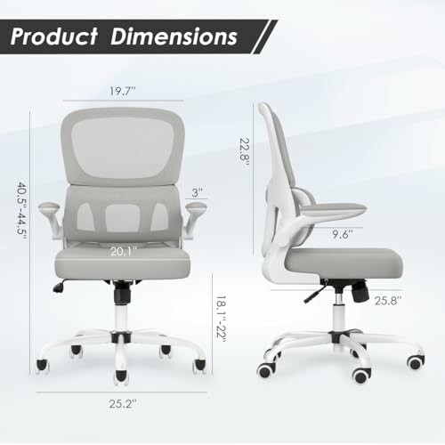 Dimensions of ergonomic office chair with adjustable features.