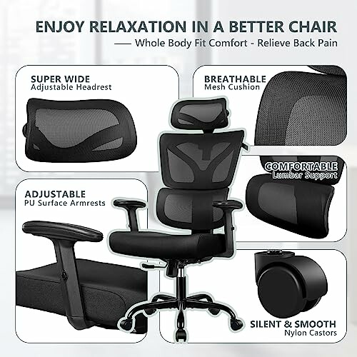 Ergonomic office chair with adjustable headrest, mesh cushion, PU armrests, lumbar support, and smooth castors.