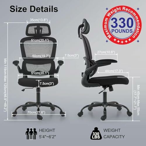 Ergonomic office chair size details with weight capacity.