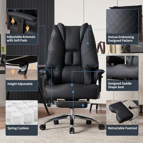 Ergonomic office chair with adjustable armrests, height, and footrest, featuring a deluxe embossing design and saddle shape seat.