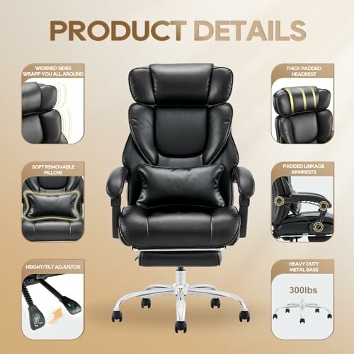Black ergonomic office chair with features highlighted.