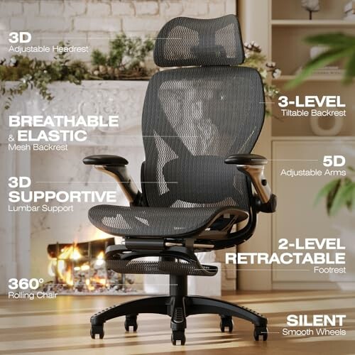 Ergonomic office chair with adjustable features in a room with fireplace.