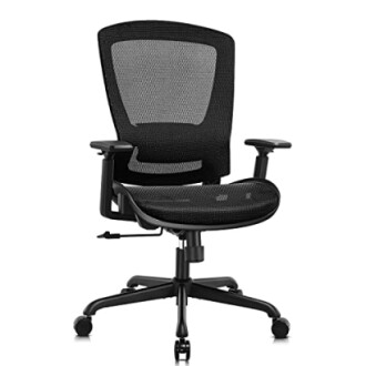 Black ergonomic office chair with mesh back and adjustable armrests.