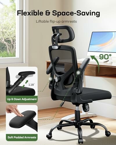 Ergonomic office chair with adjustable armrests and backrest.
