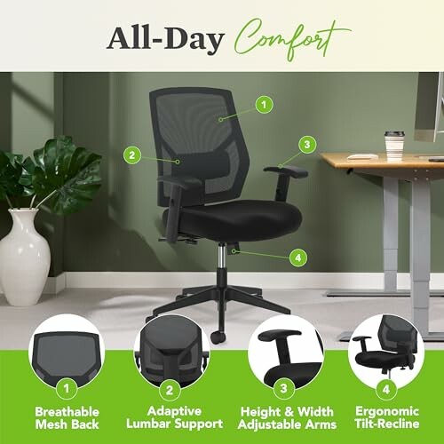 Ergonomic office chair with mesh back, lumbar support, adjustable arms, and tilt-recline.