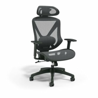 Ergonomic black mesh office chair with headrest and armrests.