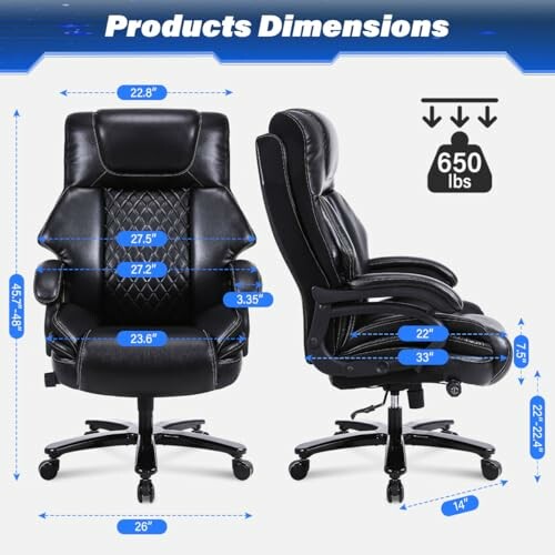 Executive office chair with detailed dimensions and weight capacity.
