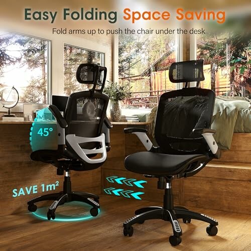 Easy folding office chair with adjustable arms and headrest.