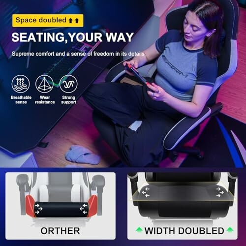 Person sitting in a gaming chair with features highlighted: breathable sense, wear resistance, strong support.