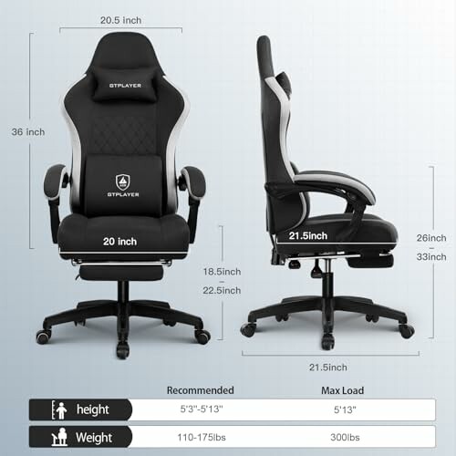 Gaming chair with dimensions and recommended height and weight.