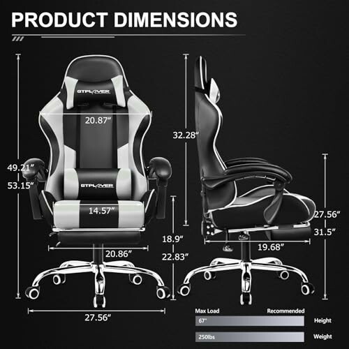 Gaming chair with dimensions and weight capacity.
