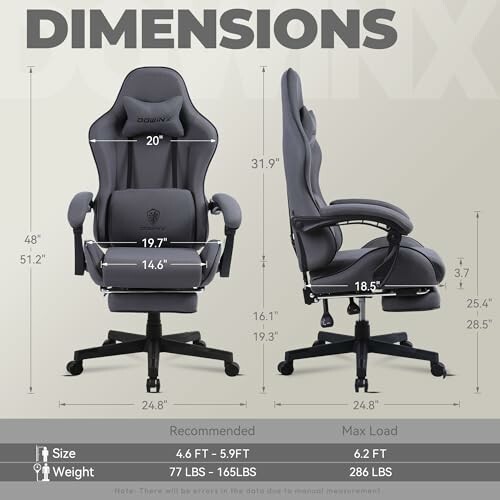 Gaming chair dimensions and recommended size and weight limits.