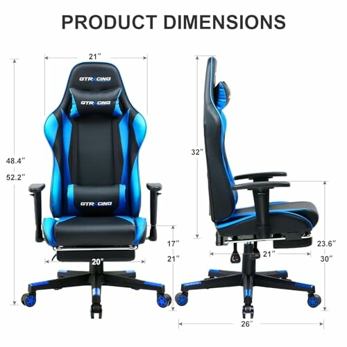 Dimensions of GTRACING Gaming Chair displayed from front and side views.