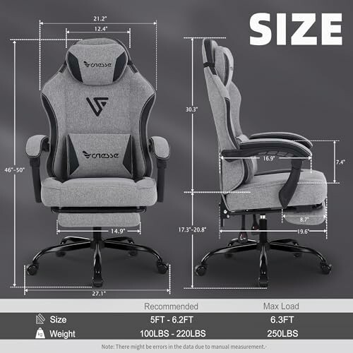Gray gaming chair with adjustable armrests and dimensions.