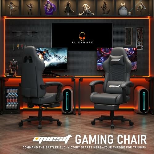 High-end gaming setup with Alienware chairs and monitors.
