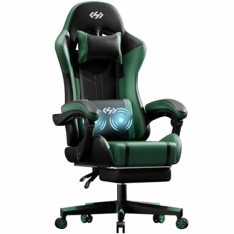 Green and black gaming chair with adjustable armrests and back support.