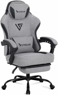 Grey ergonomic gaming chair with adjustable armrests and headrest.