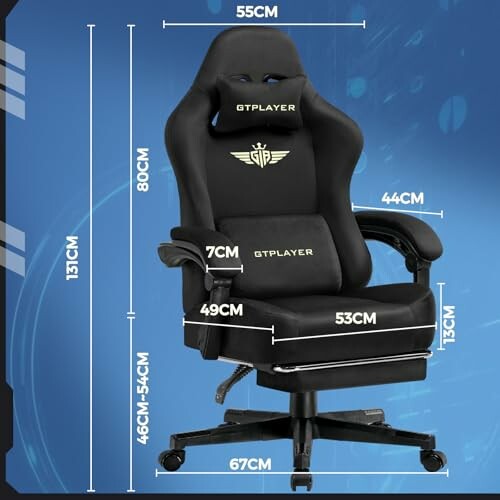 GTPlayer gaming chair with dimensions labeled