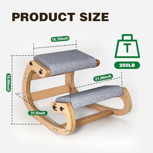 Kneeling chair with dimensions and weight capacity.