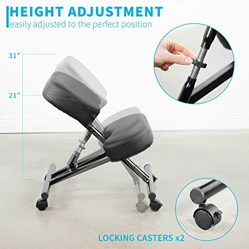 Kneeling chair with adjustable height and locking casters.