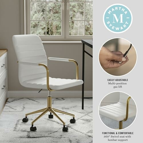 White office chair with gold accents in a home office.