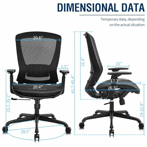 Office chair with detailed dimensions in front and side views.