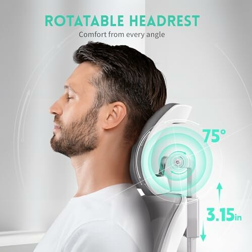 Man reclining on chair with rotatable headrest, comfort from every angle.