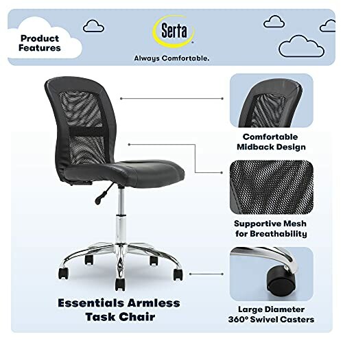 Serta essentials armless task chair with mesh back and swivel casters.