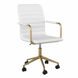 White office chair with gold frame and armrests on wheels.