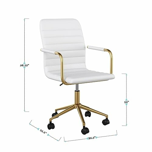 White and gold office chair with wheels and armrests.
